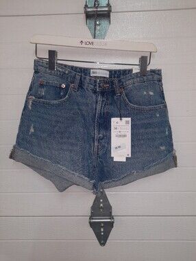 Zara Blue Rolled-Hem Distressed Denim Shorts